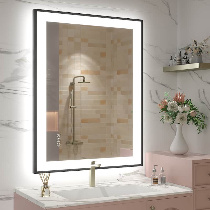 Front & Back LED Anti-Fog Tempered Glass Framed Bathroom/Vanity Mirror 3-Year Warranty - 36" x 28"-Square Corner - Black