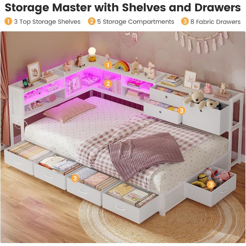 Corner Bed Frame Charging Station Twin Daybed 8 Storage Drawers Bookcase