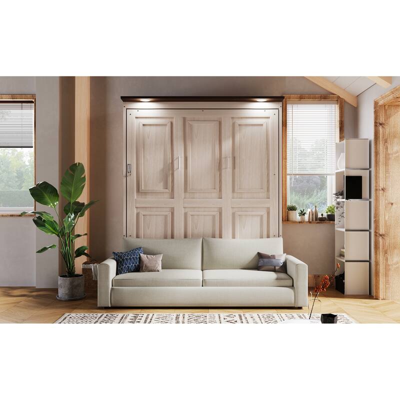 Queen Size Murphy Bed with Upholstered Sofa and Top LED, Beige, Space Saving Foldable Platform Bed Frame