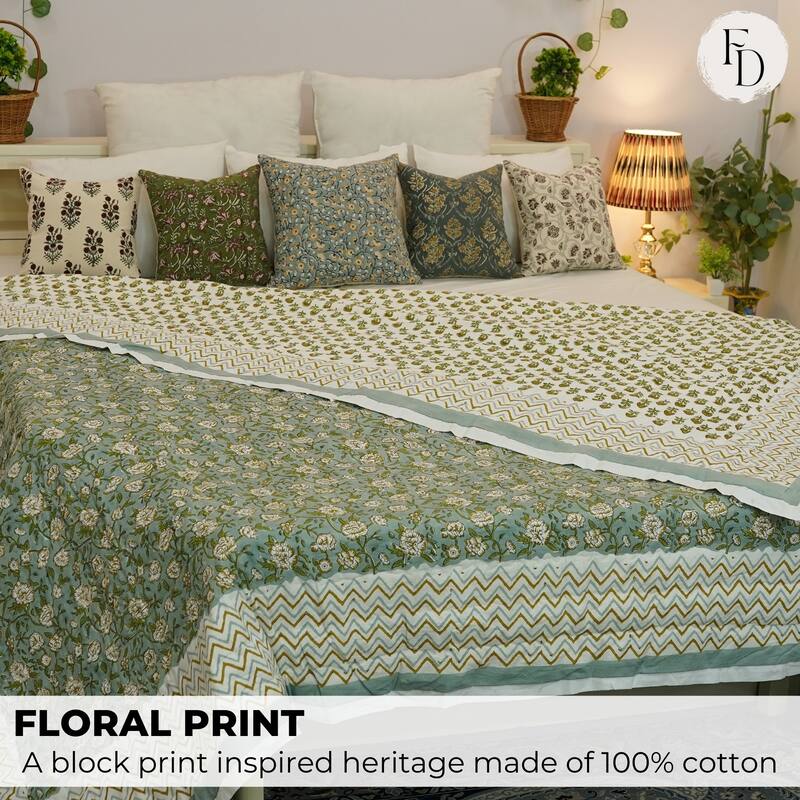 Fabdivine Hand Block Print Blue Green Floral Organic Cotton Quilt - Natural Boho Decorative Bedding, Reversible Handmade Design