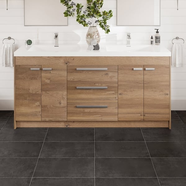 Eviva Lugano 72 in. W x 20 in. D Natural Oak Double Sink Bathroom Vanity with White Acrylic Integrated Top Sink