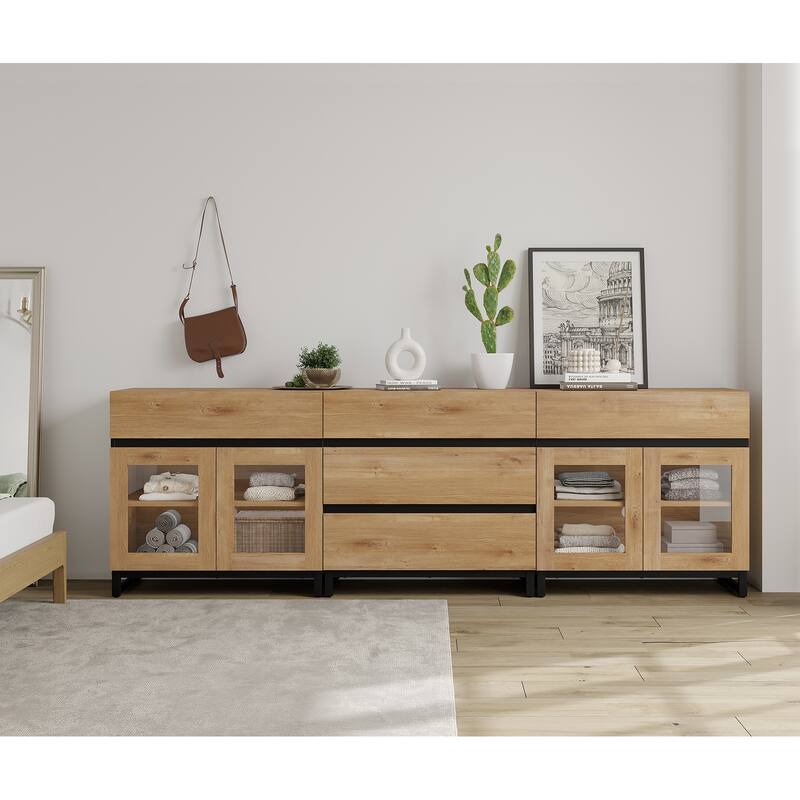 WAMPAT 3 in 1 Multifunctional Dresser with Glass Doors and 5 Drawers, Modern Chest of Drawers for Bedroom