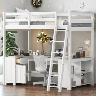 Full Size Loft Bed with U-shaped Desk,Drawers and Storage Shelves