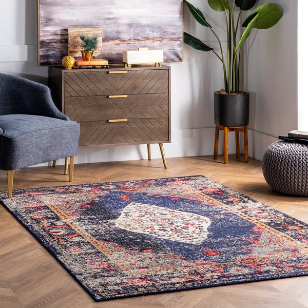 slide 2 of 42, Brooklyn Rug Co Boho Traditional Distressed Medallion Area Rug 3' x 5' - Navy