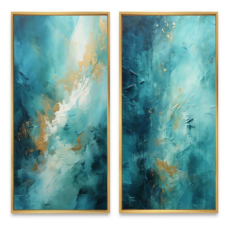Designart "Turquoise Tranquility" Abstract Landscapes Framed Wall Art Set Of 2 - Green Gallery Set For Office Decor