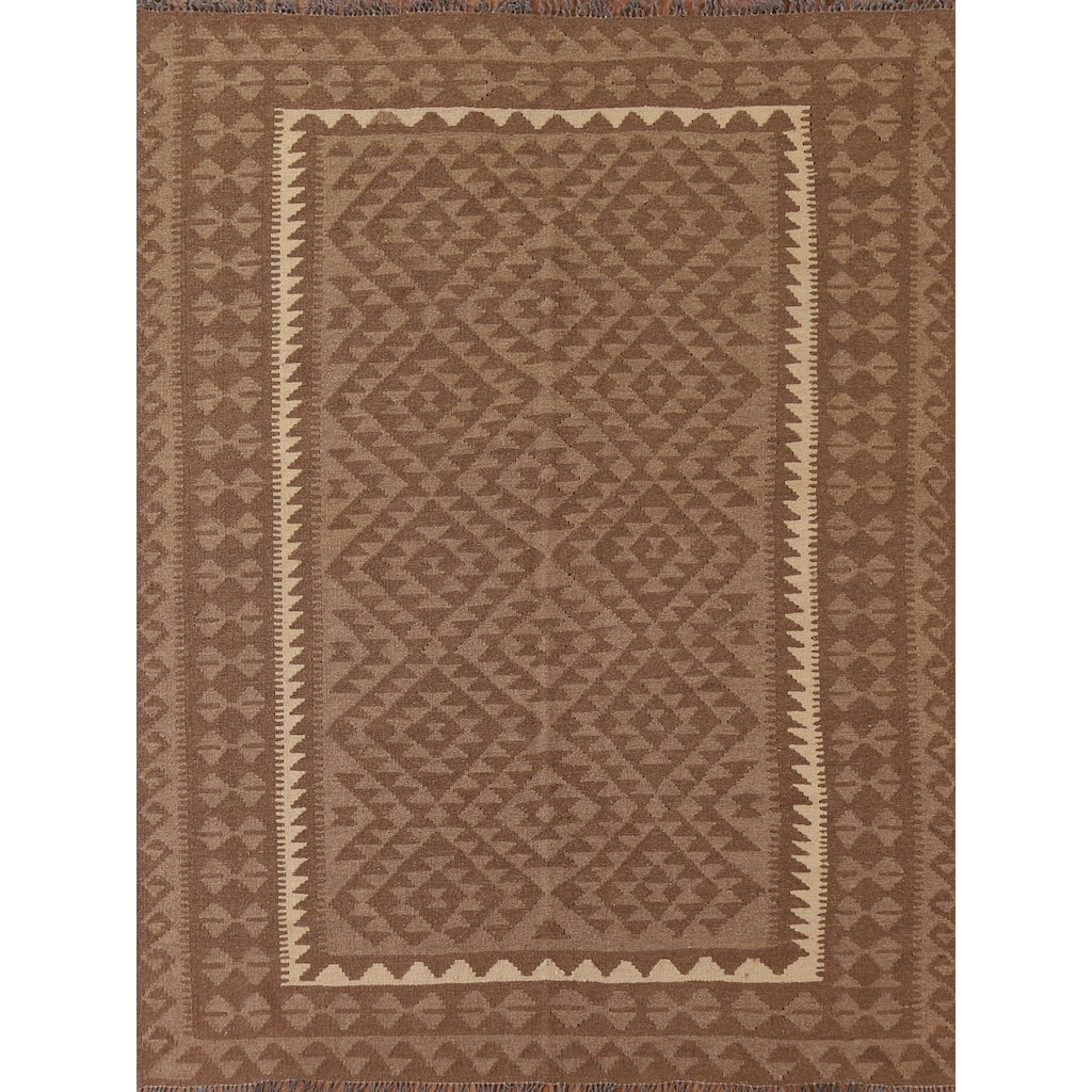 Geometric Kilim Oriental Area Rug Flat-weave Brown Wool Carpet - 5'2" x 6'8"