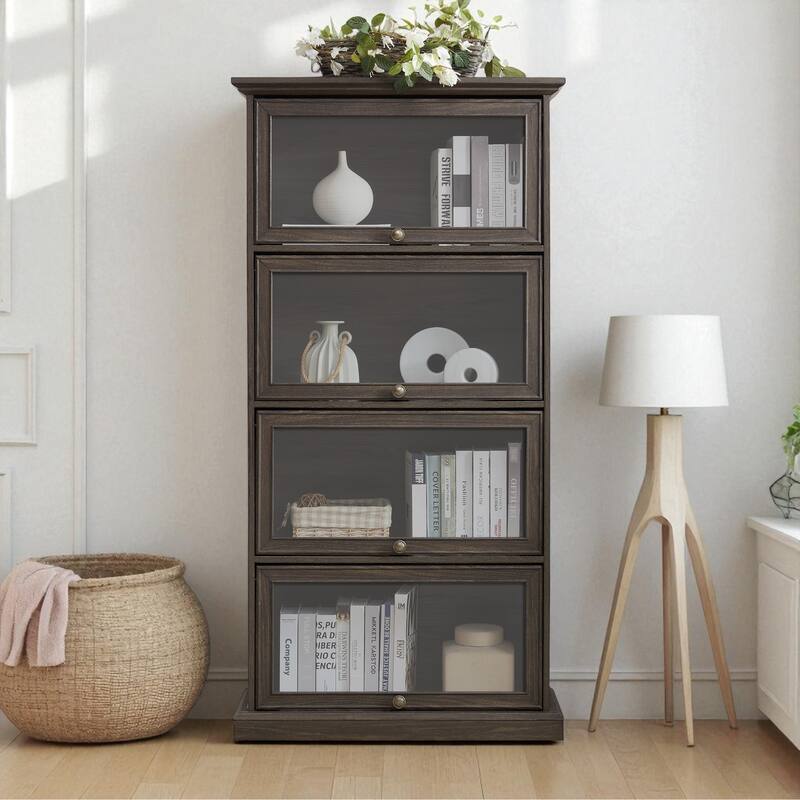 4-Tier Glass Display Cabinet with Flip-Up Doors, Curio Storage Showcase and Bookcase Organizer - Brown