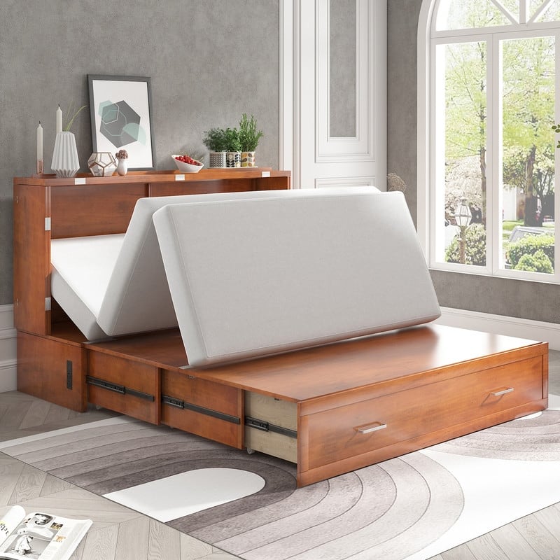 Mixoy Queen Murphy Bed Cabinet Bed Chest with Mattress,Drawers,USB Charging Station