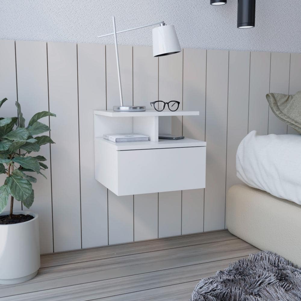 Floating Nightstand with Drawer and Open Shelves, Wall-Mounted Space-Saving Design - White