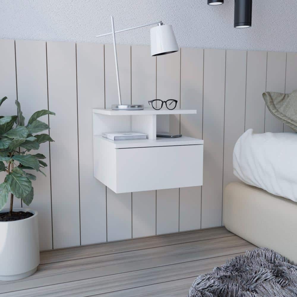 Floating Nightstand with Drawer and Open Shelves, Wall-Mounted Space-Saving Side Table - White