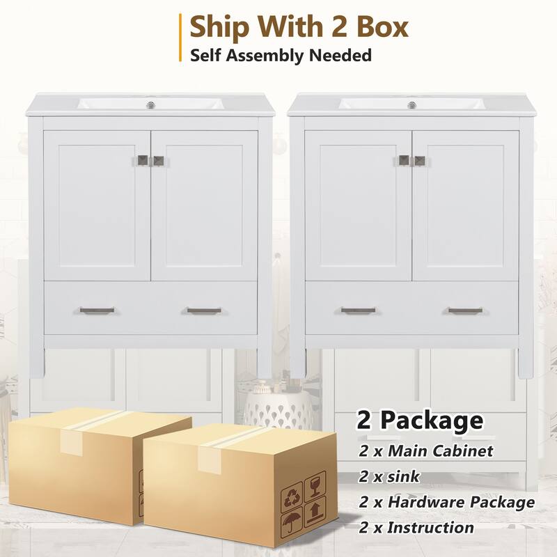 60"Bathroom Vanity Set with Double Vanities (Separate), Double Ceramic Sinks, Storage Shelf, and Divided Drawers