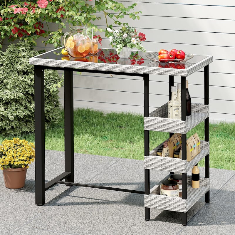 Mix Grey Rattan Metal Bar Table with Glass Top and 3 Storage Shelves - 43.5" L x 22" W x 41" H