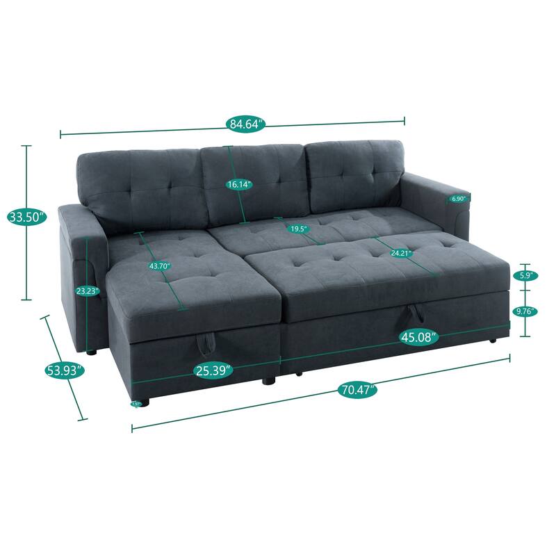 Perry Modern Reversible Sleeper Sectional Sofa with Storage Chaise, Pullout Sleeper Sofa Couch Bed for Living Room