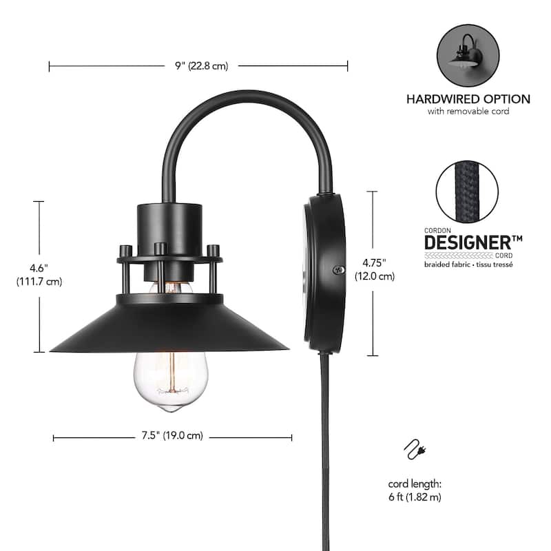 Wren 1-Light Matte Black Plug-In or Hardwire Wall Sconce - one size