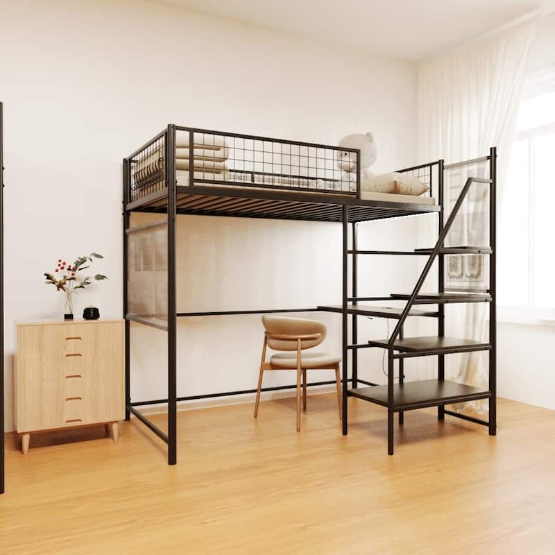 Twin Size Loft Bed with Built-in Charging Station & LED Lighting, Heavy-Duty Metal Loft Bed Frame with Desk & Safety Guardrails - Black - Twin