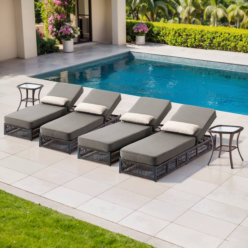 ArcoBay 6-Piece Brown Wicker Outdoor Patio Chaise Lounge with 5-Inch Thick Cushions and Side Table