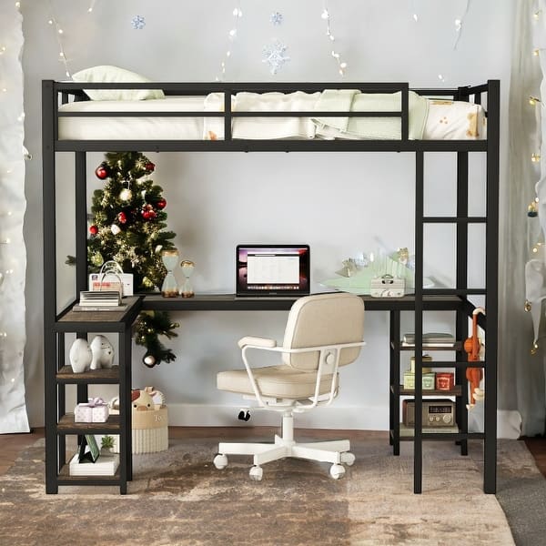 slide 2 of 9, Full Metal Loft Bed with Desk and Shelves, L-Shaped Frame with Guardrails in Black Black