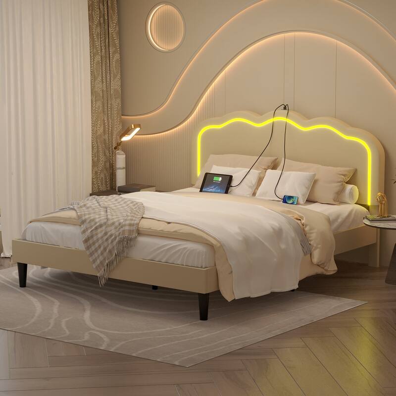 Javlergo Modern Queen Platform Bed with Adjustable LED Headboard USB Ports & Under-Bed Storage Heavy Duty Upholstered Bed Frame