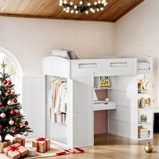 Twin Size Loft Bed with Built-In Desk with Top Shelf, Wardrobes, Left-Side Storage and 4 Drawers and 4 Shelves-White