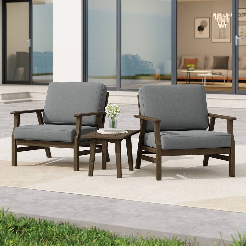 3 Piece Wood Patio Armchair Outdoor Bistro Set with Side Table