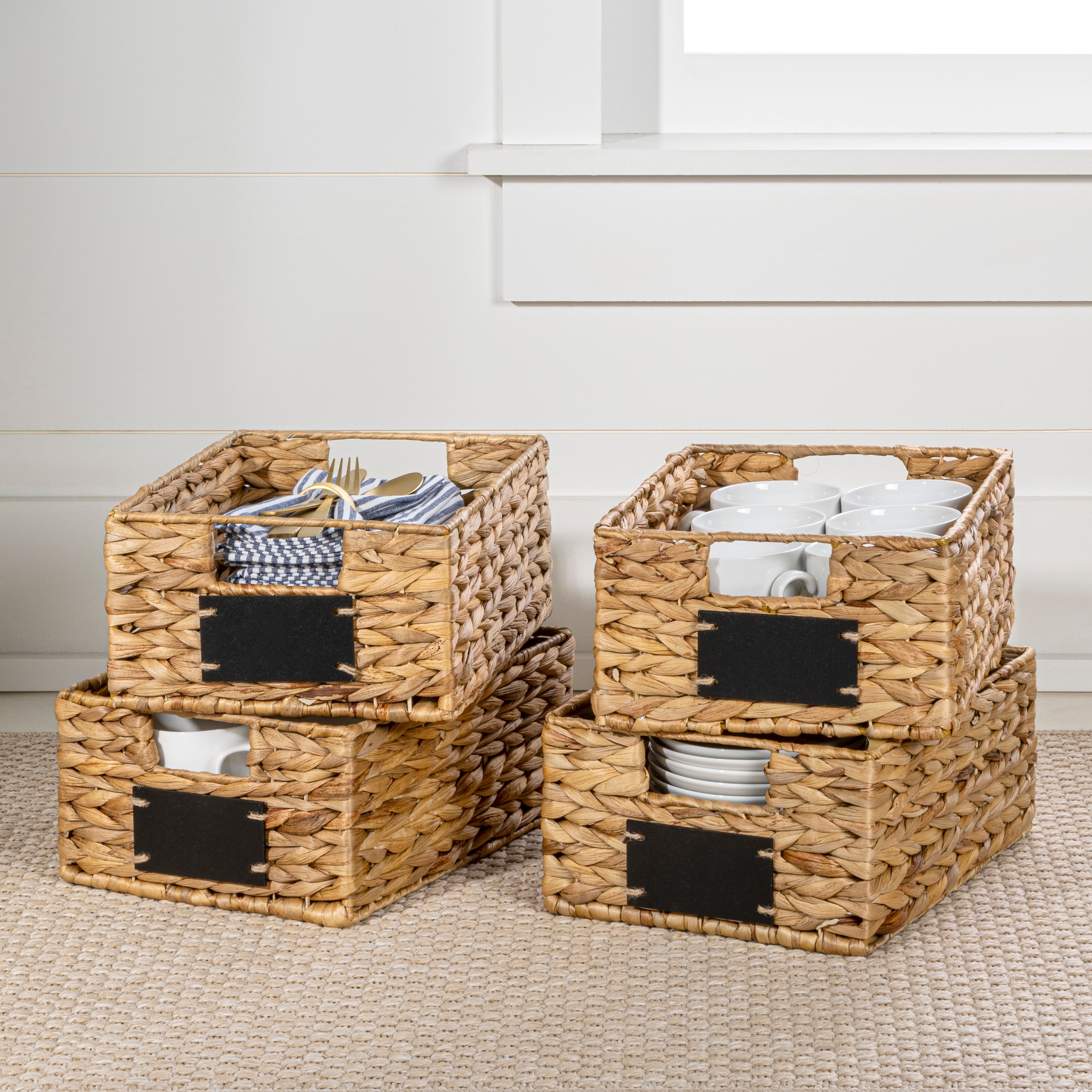 happimess Handwoven Pantry Baskets with Chalkboard Labels & Handles (Set 4)