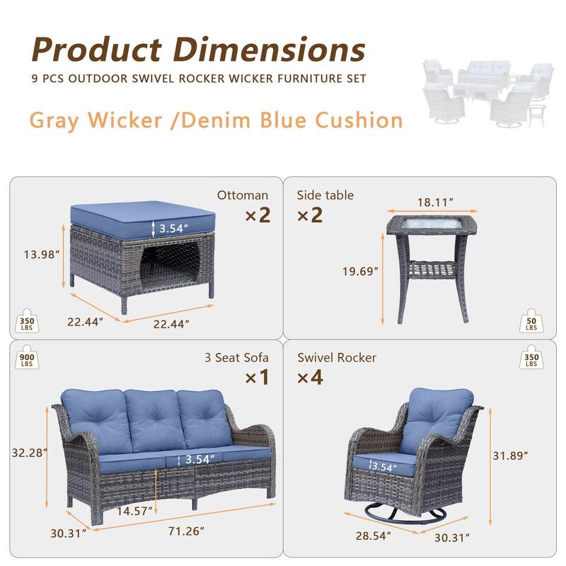 9 Piece Outdoor Patio Furniture Set Wicker Swivel Chair with Ottoman