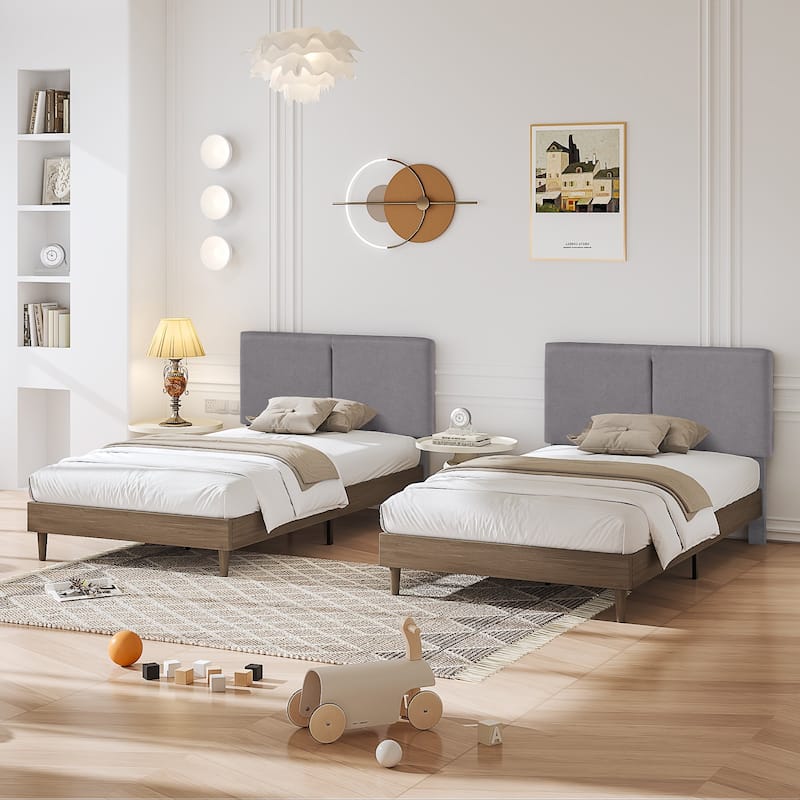 VECELO 2-pack Wood Frame Upholstered Kids Bed With Headboard Twin Size Bed Set of 2