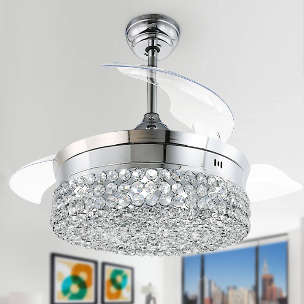 Bella Depot 42" Transitional Crystal Ceiling Fan with Remote, Dimmable Light, Retractable Blades