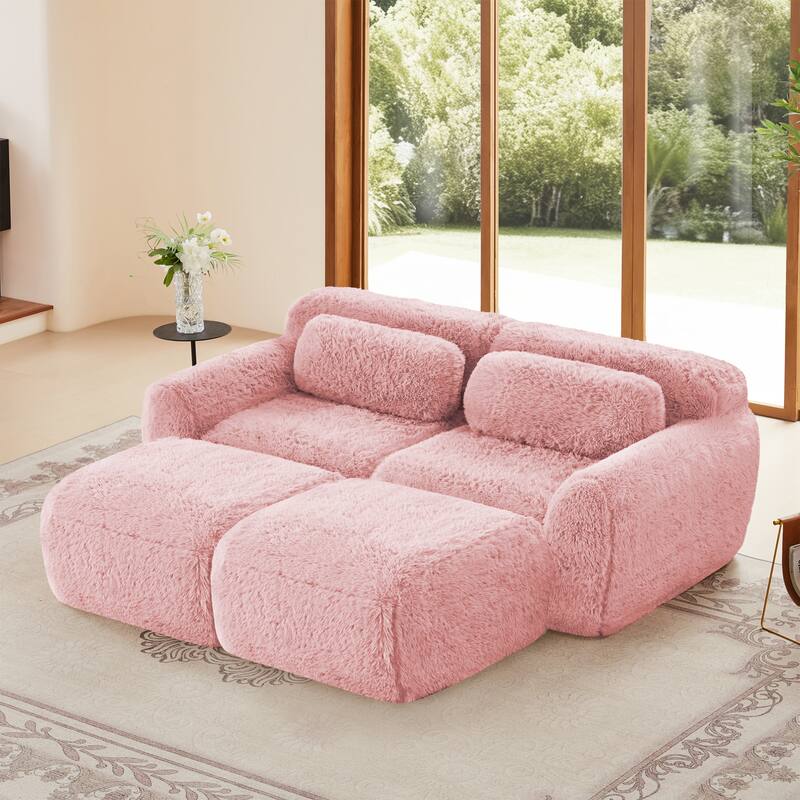 80" Soft Plush Fabric,Boneless Sofa, No Assembly Required, Bottom Anti-Slip Design With Chaise, With Ottoman, Deep Seat Design - Pink
