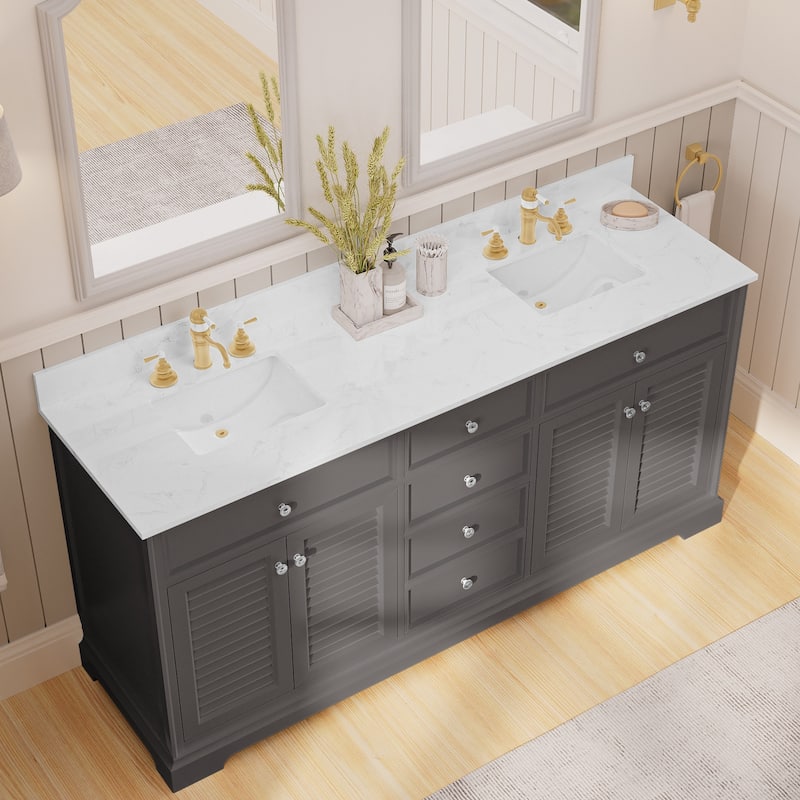 72-Inch Solid Wood Double Sink Bathroom Vanity with Louvered Doors – Classic Coastal Style and Ample Storage