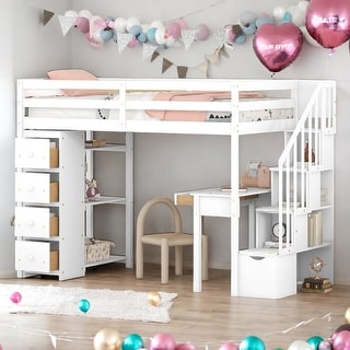 Twin Size Wooden Loft Bed With 4 Storage Drawers,Desk,Shelves and Stairs