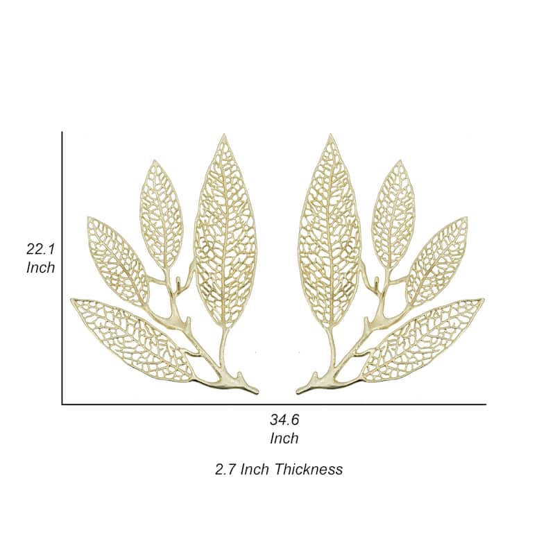18 Inch Set of 2 Wall Art Decor Pieces, Leaf Design, Modern Gold Finish