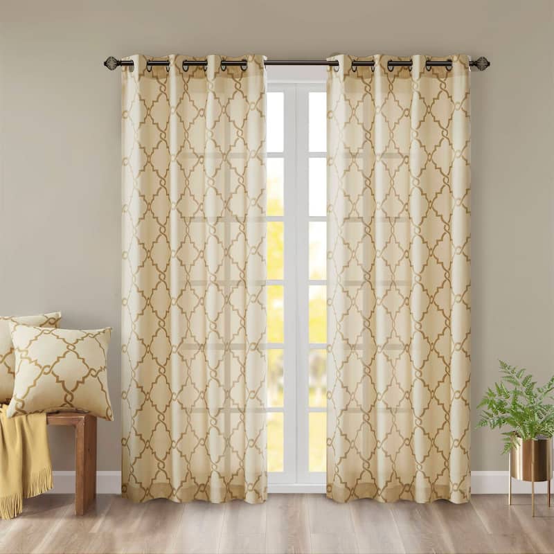 Madison Park Westmont Fretwork Print Grommet Top Window Single Curtain Panel - 50"W x 63"L - Beige/Gold