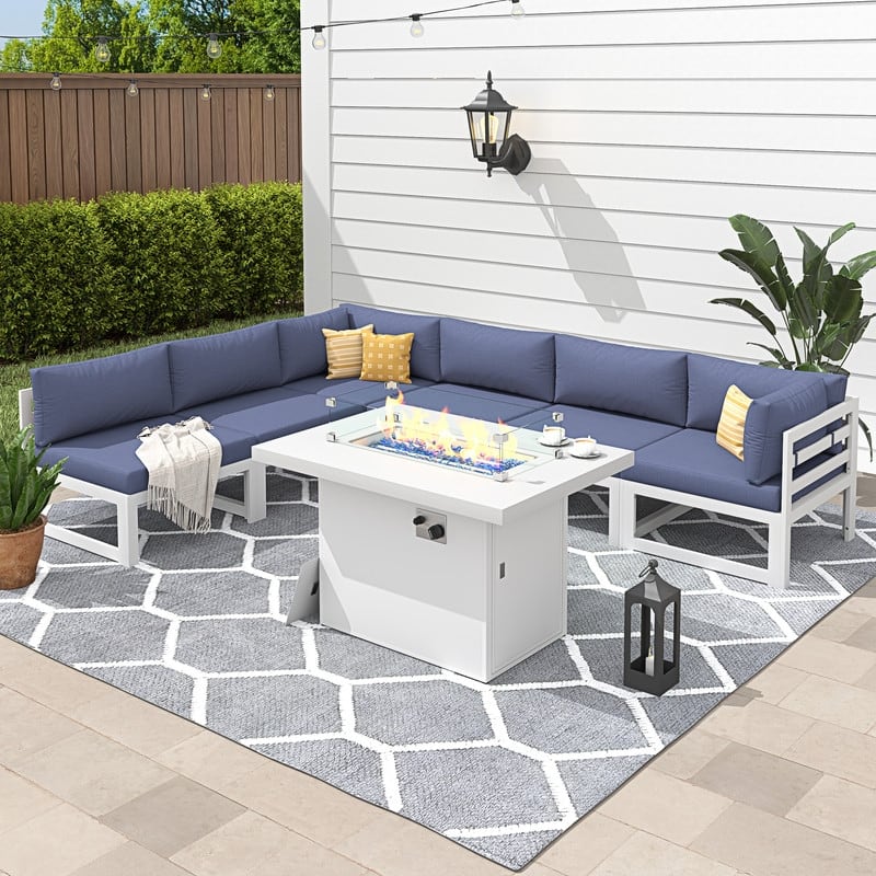 FINCATI 7 Piece Aluminum Outdoor Furniture Set with Propane/Natural Gas Fire Pit Table, 29" Wide Outdoor Sectional Sofa for 6 - Denim Blue