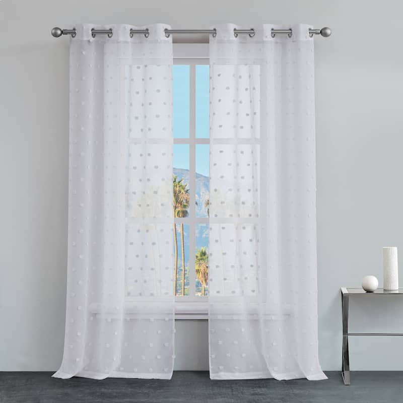 Juicy Couture Evelyn Sheer Pom Pom Embroidered Grommet Window Curtain Panel Pair.