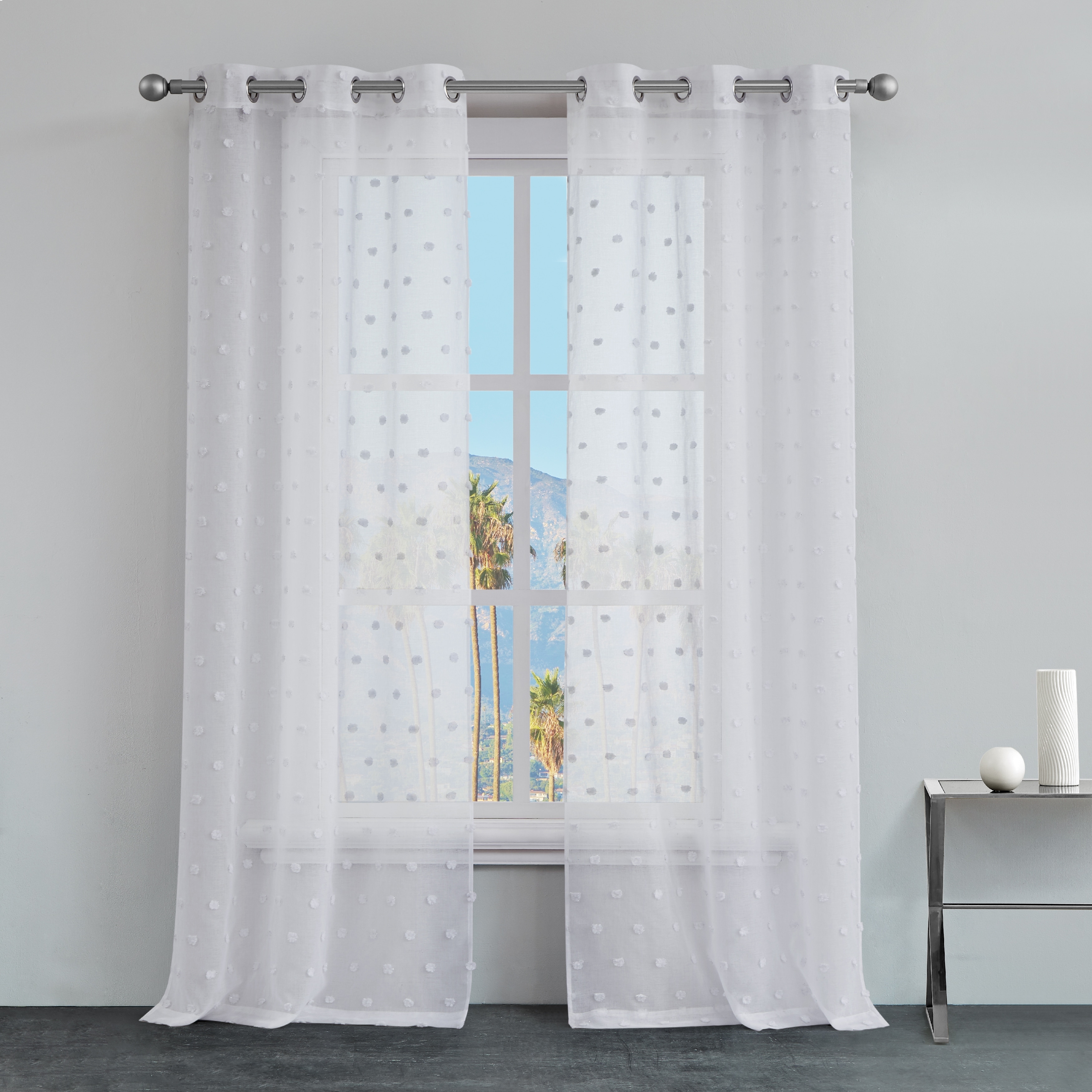 Juicy Couture Evelyn Sheer Pom Pom Embroidered Grommet Window Curtain Panel Pair.