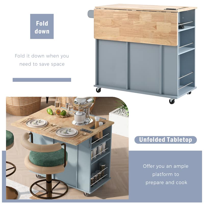 Kitchen Island with Power Outlet, Drop Leaf,Open Storage and Wine Rack,5 Wheels,with Adjustable Storage