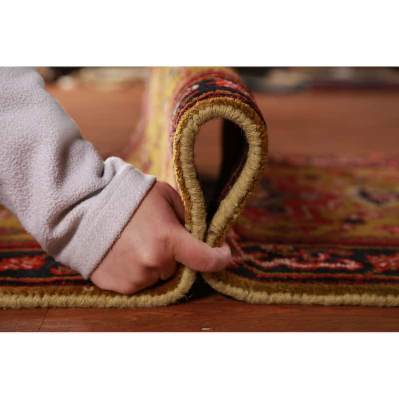 Hand Knotted Oriental 100% Wool Carpet Traditional Geometric Yellow & Gold Heriz (serapi) Runner Rug - 7' 11'' X 2' 7''
