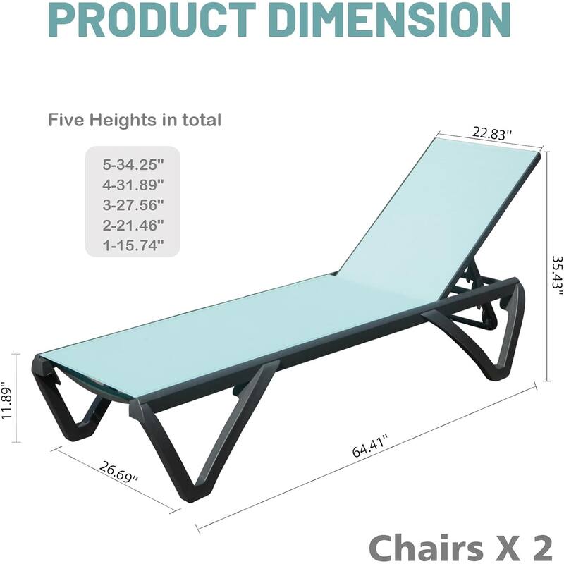 Modern Outdoor Chaise Lounge Set of 2 All Weather Reclining Chair with Wheels and Adjustable Backrest for Beach Yard Pool