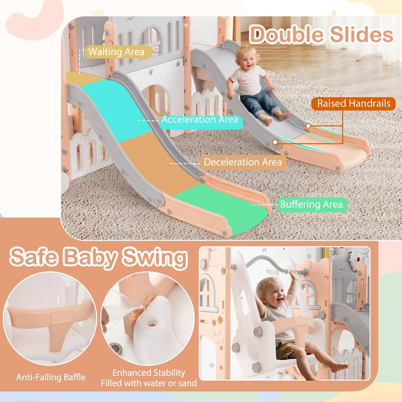 10 in 1 Toddler Slide and Swing Set with Double Slides Climber Basketball Hoop and Tunnel Indoor Outdoor Playset for Kids