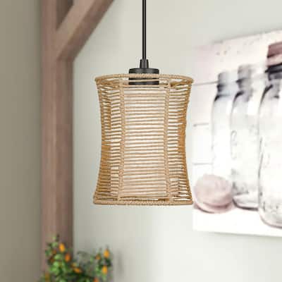 Woven Pendant Light, 1-Light Cylinder Ceiling Lighting for Kitchen Island with Fabric and Rattan Shade