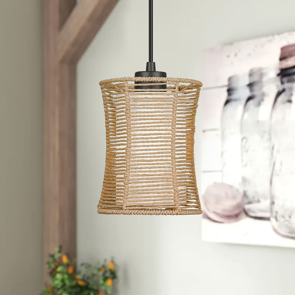Woven Pendant Light, 1-Light Cylinder Ceiling Lighting for Kitchen Island with Fabric and Rattan Shade