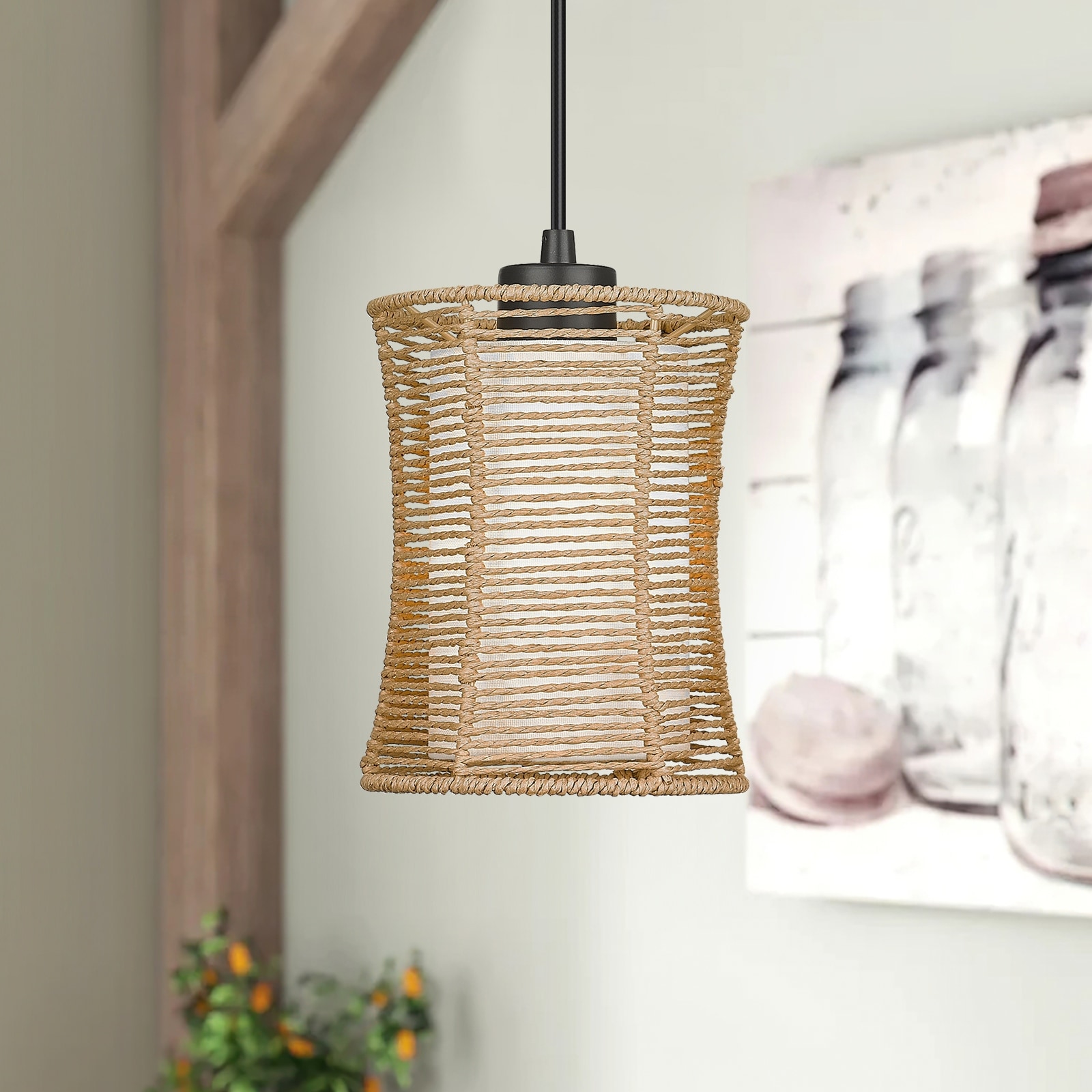 Woven Pendant Light, 1-Light Cylinder Ceiling Lighting for Kitchen Island with Fabric and Rattan Shade