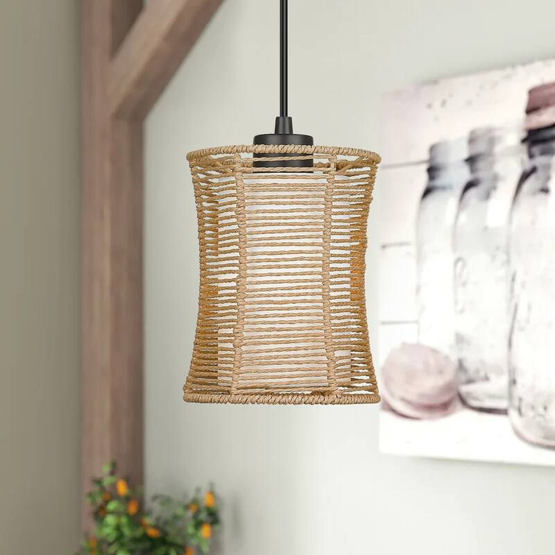 Woven Pendant Light, 1-Light Cylinder Ceiling Lighting for Kitchen Island with Fabric and Rattan Shade