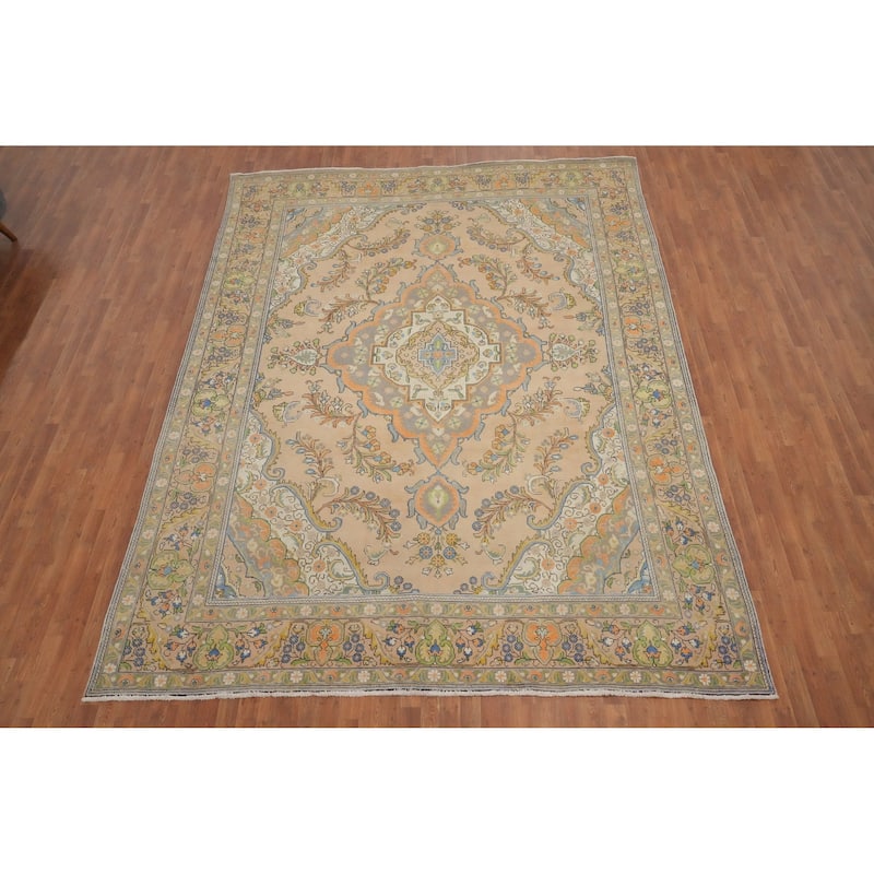 Hand Knotted Oriental 100% Wool Carpet Traditional Floral Peach Tabriz Area Rug - 12' 6'' X 9' 6''