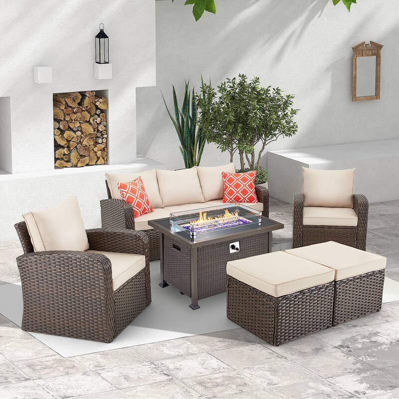 6-Piece Rattan Patio Set with Fire Pit Table, Outdoor Conversation Set with Cushions, Weather-Resistant Sofa Sectional
