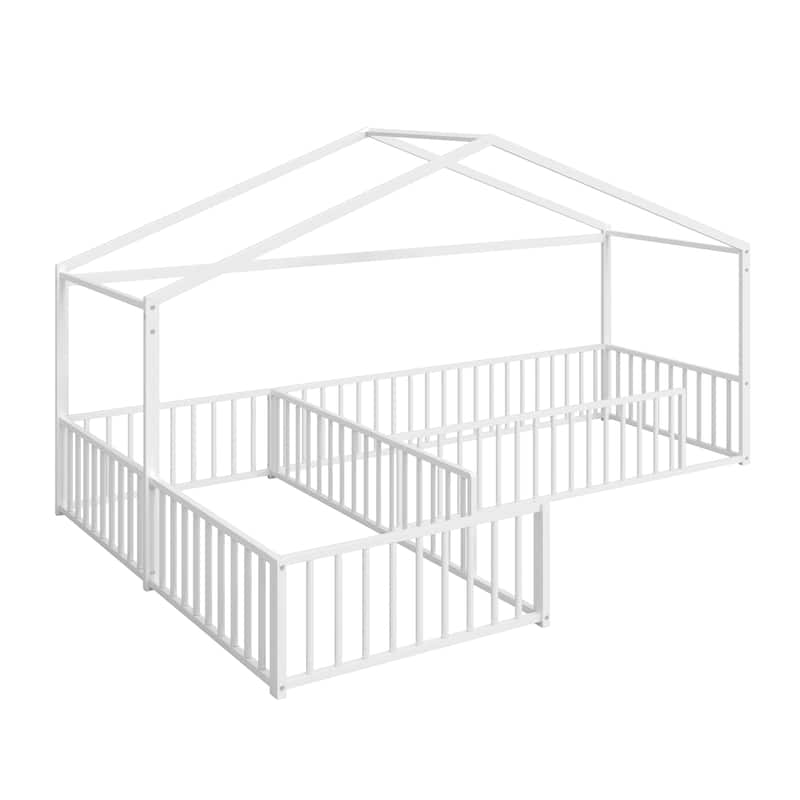 Twin Size L-shaped Corner Montessori Bed with Fence, Metal House-shaped Bed Frame, Without Slats, Floor House Bed for 2 Kids