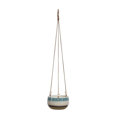 Blue, White & Brown Striped Stoneware Hanging Planter with Cotton Rope & Wood Beads - Blue