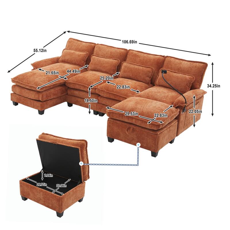 Chenille U-shape Sectional Sofa with Chaise and Storage Ottoman, Modular Couch with USB/Type-C Ports, Side Pockets, Phone Holder
