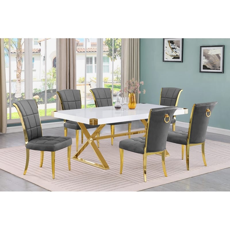 Best Quality Furniture D440/1-SC320-7 Dining Set 78" White Lacquer Wood Top - DarkGrey/Gold - 7 Piece